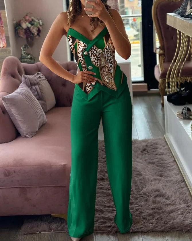 V-Neck Metal Suspender Top Two-Piece Set for Women