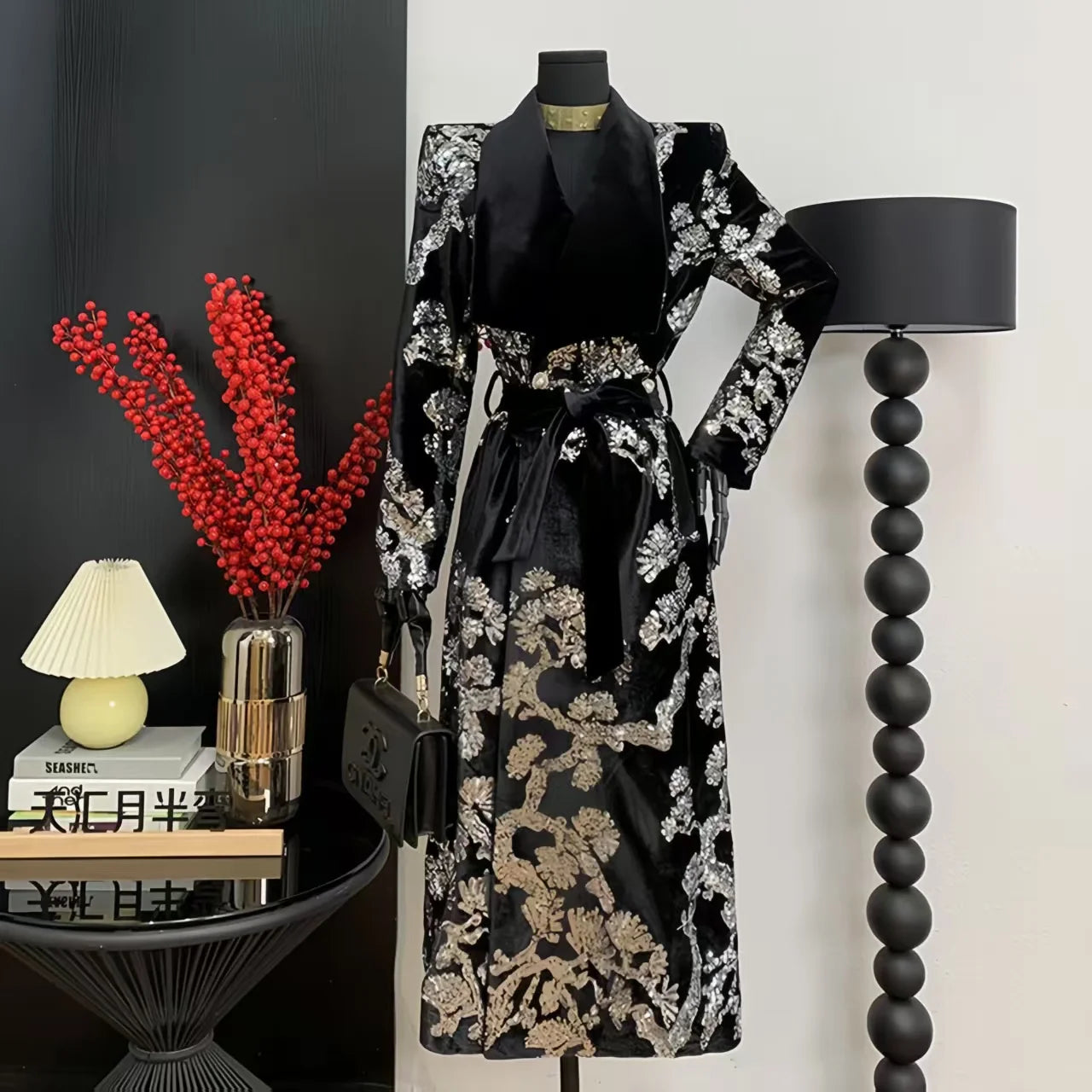 Adjustable Waist Windbreaker Coat Autumn/Winter New Sequins Trench Coat, Women's Coat, English Style Overcoat