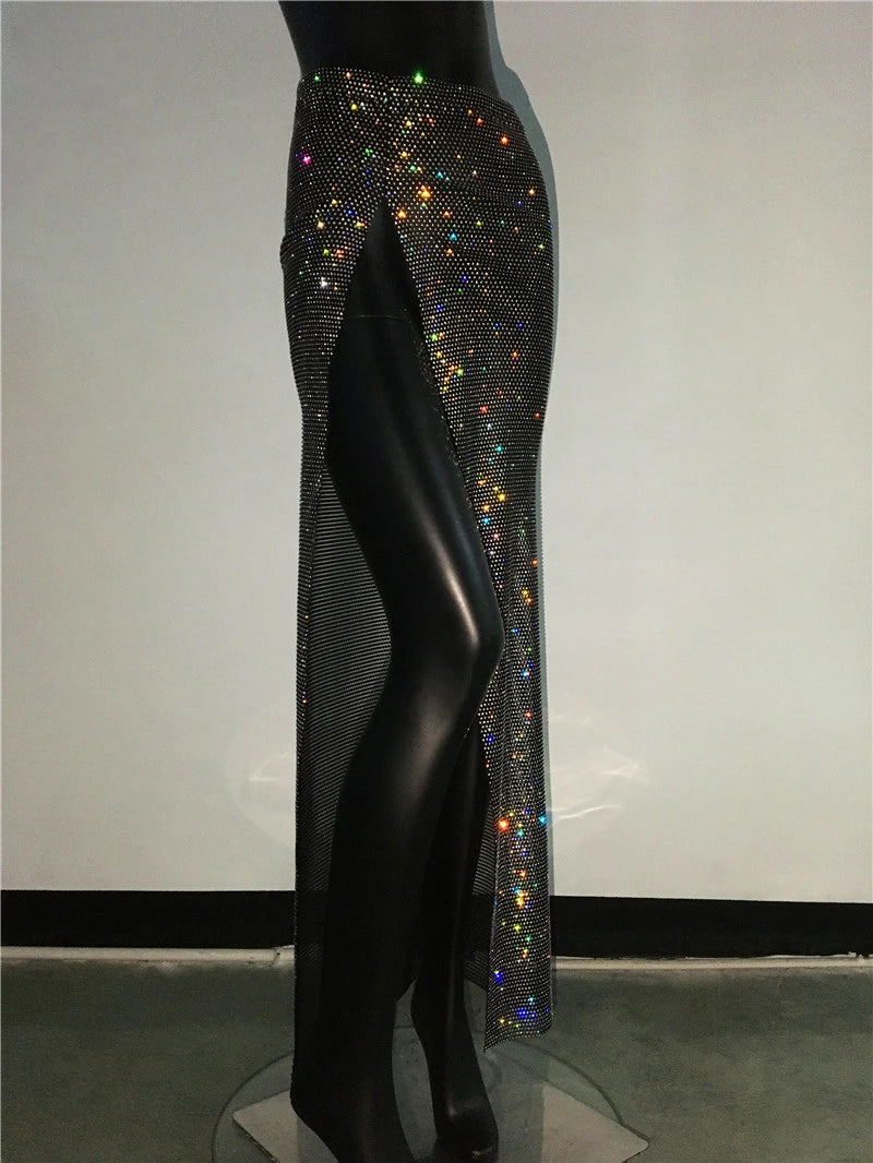 Glitter Rhinestone Long Fishnet Split Skirt for Women