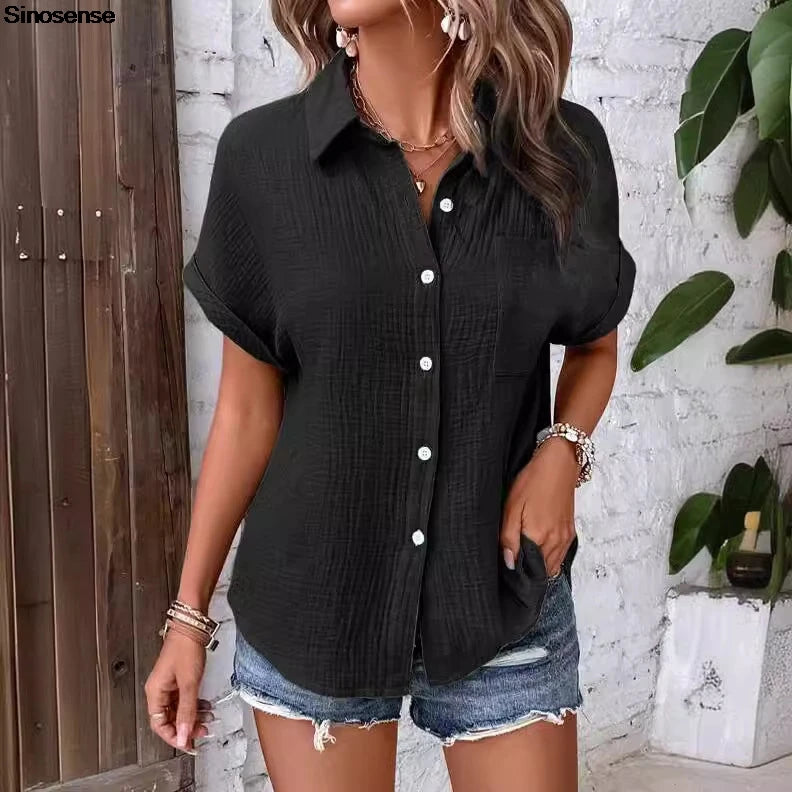 Short Sleeve Cotton Button Down Blouse With Pockets for Women
