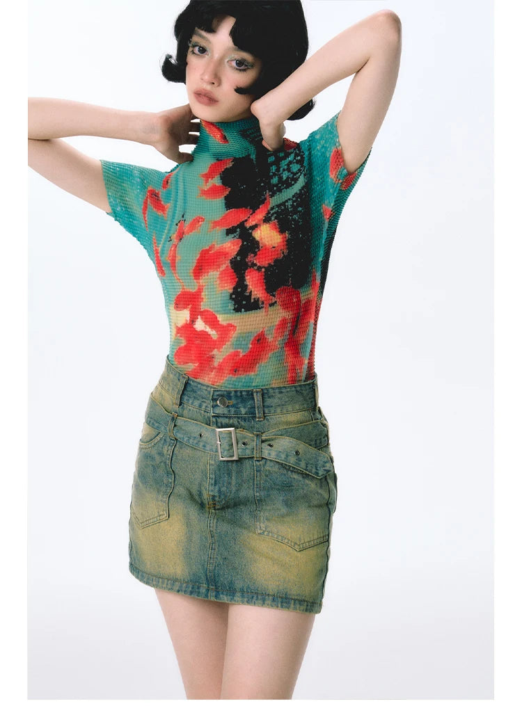 Women Bodycon T-Shirts Short Sleeve Tie Dye Tees Stretch Crop Tops Goblin Core 2000s Coquette Gyaru Aesthetic Kpop Kawaii Summe
