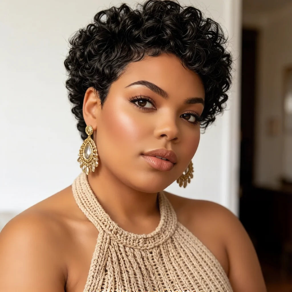 Natural Wavy Pixie Cut Remy Human Hair Wig With Bangs For Women