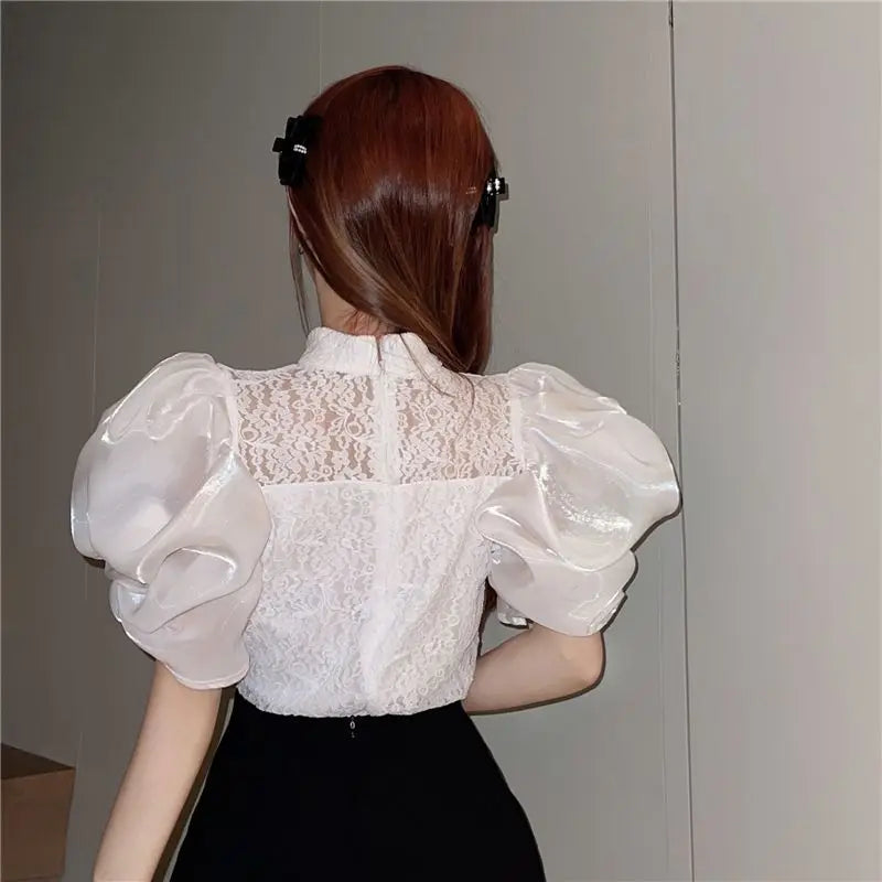 Korean V-Neck Bubble Sleeve Irregular Pleated Top for Women