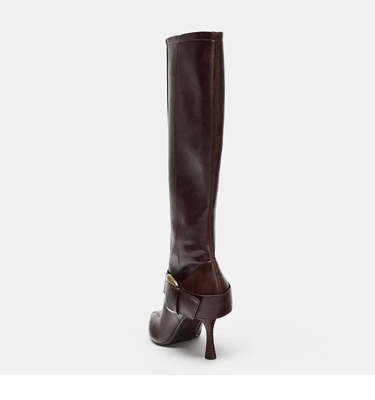 Elegant Pointed Toe Metal Buckle Mid Calf Boots for Women