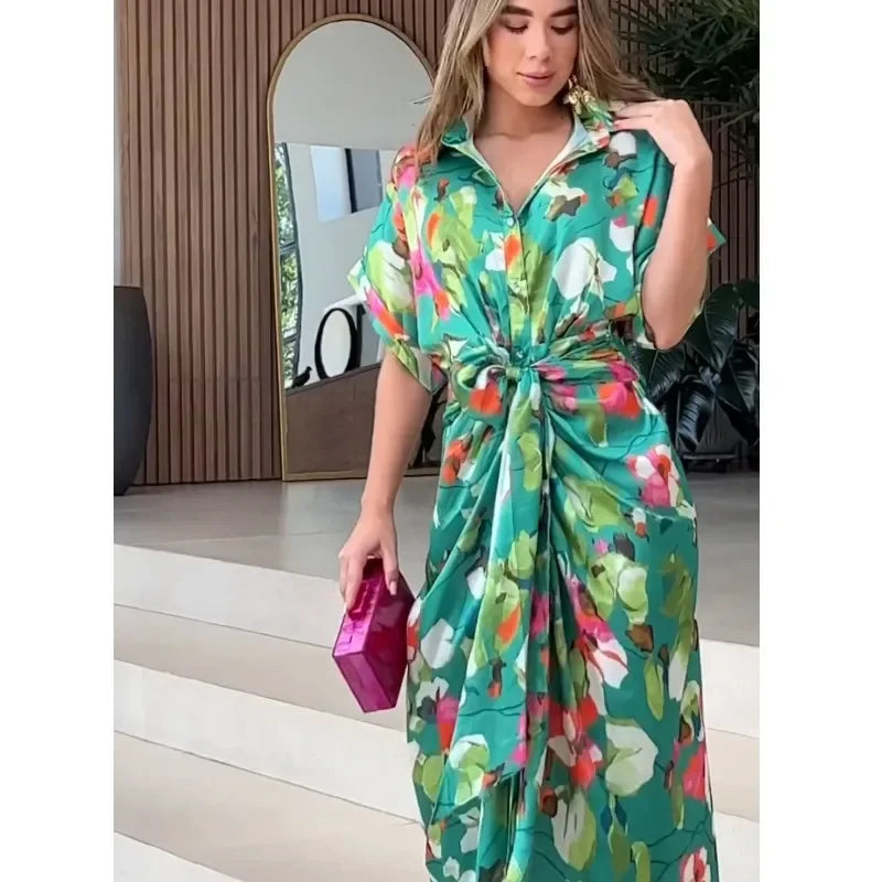 Printed Button Front Ankle Length Shirt Dress with Belt for Women