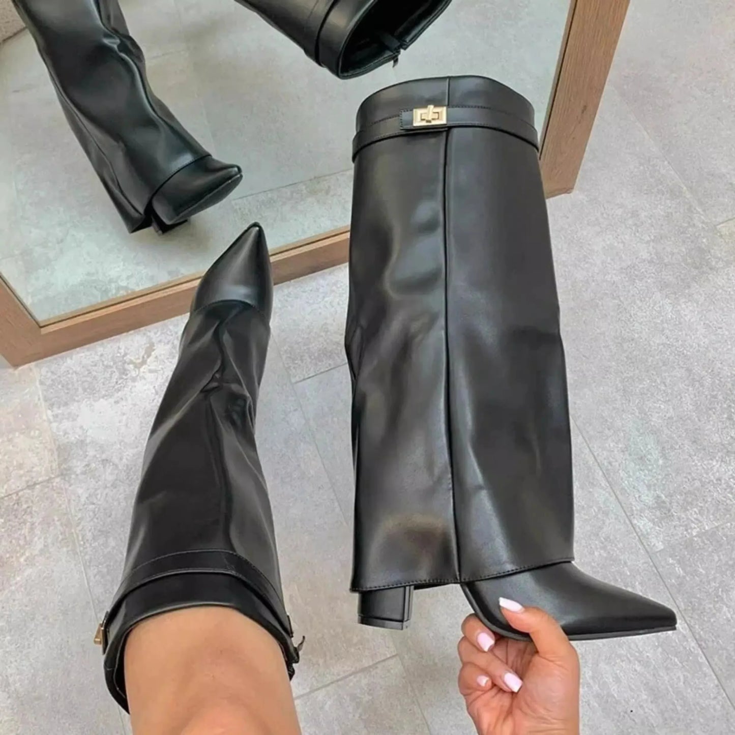 Pointed Toe Thick High Heel Mid Calf Boots for Women