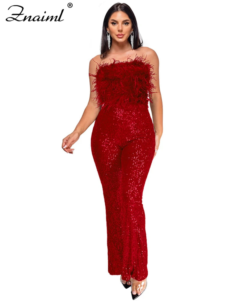 Znaiml New Luxury Sequins Jumpsuit with Colorful Feathers Sleeveless Shiny Dress Women's Evening Birathday One Pieces Rompers