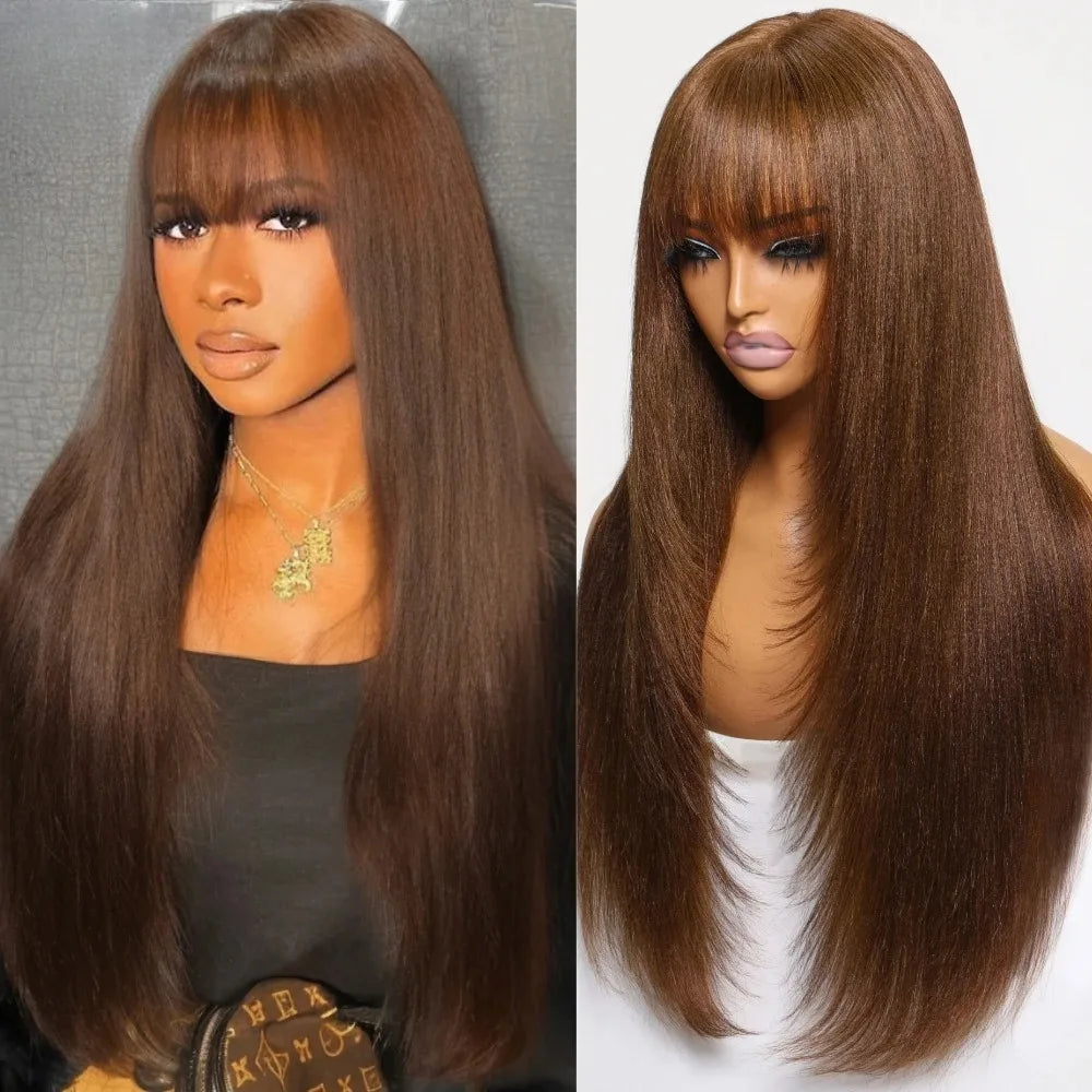 Natural Straight Layered Lace Front Wig With Bangs for Women