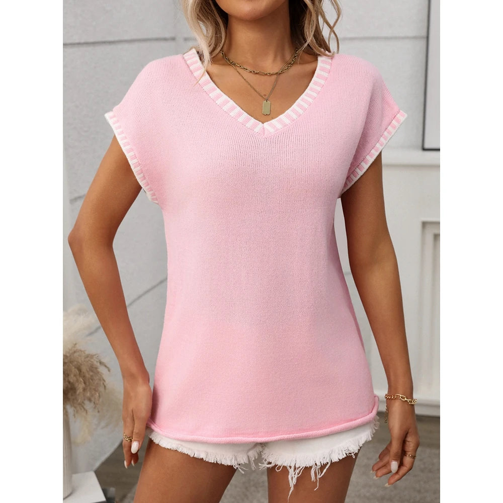2025 Summer Women's Striped Ribbed Knitted V Neck Short Sleeve T-Shirts Femme Fashion Colorblock Casual Tops Streetwear