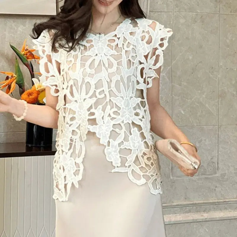 Embroidered Lace Loose Sleeveless Blouse for Women