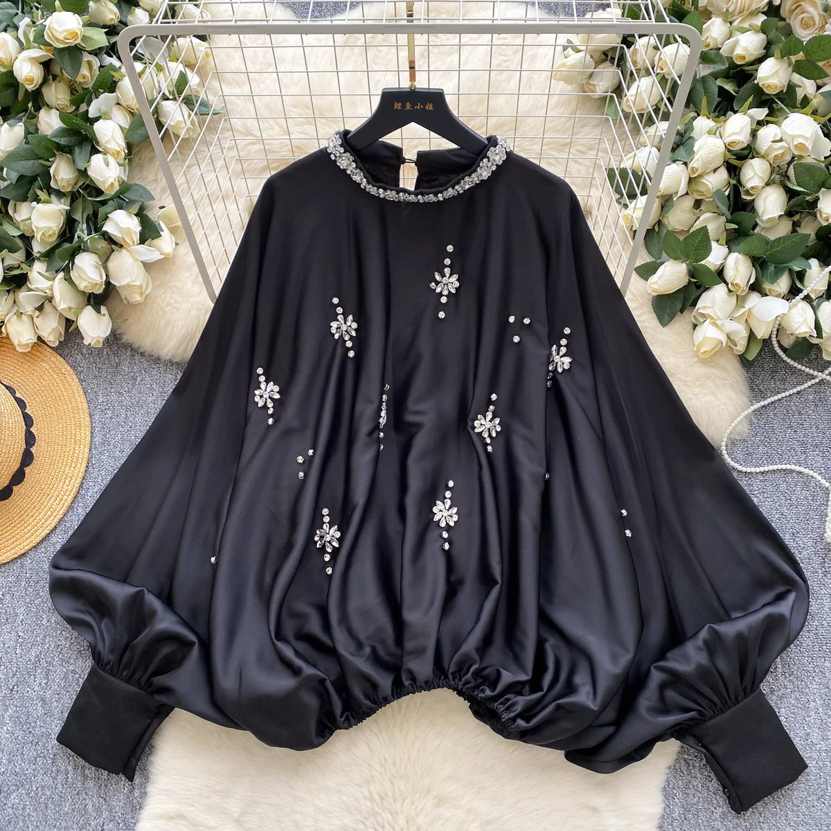 Elegant Beaded Satin Batwing Sleeve Blouse for Women