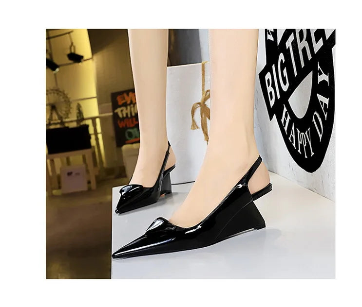 Patent Leather Wedge Heel Pumps With Back Strap for Women