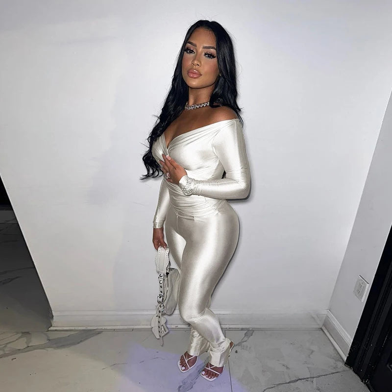 2025 Spring/Summer Women's Sexy Off Shoulder Big V-neck European and American Style High Waist Tight Pants Casual Sports Set