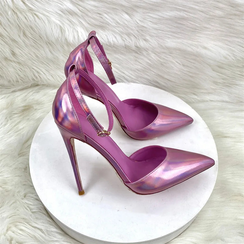 Sexy Lady 12cm High Heel Sandals Pointed Toe Purple Pink Bright Buckle Sandals for Women plus Size 45