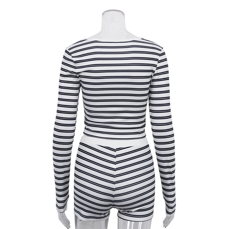 Striped Knit Top and Shorts Set with Button O Neck for Women