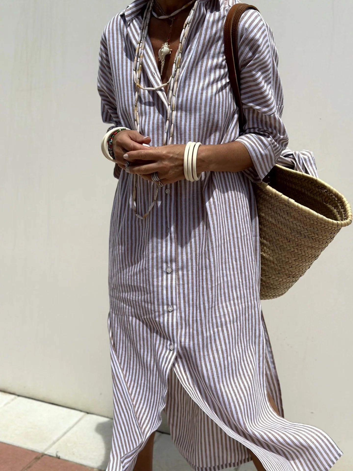 Striped Belted Ankle Length Half Sleeves Lapel Dress for Women