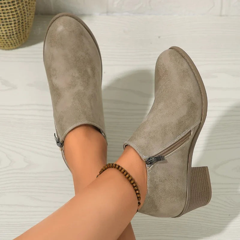 Elegant Suede Side Zipper Square Heel Ankle Boots for Women