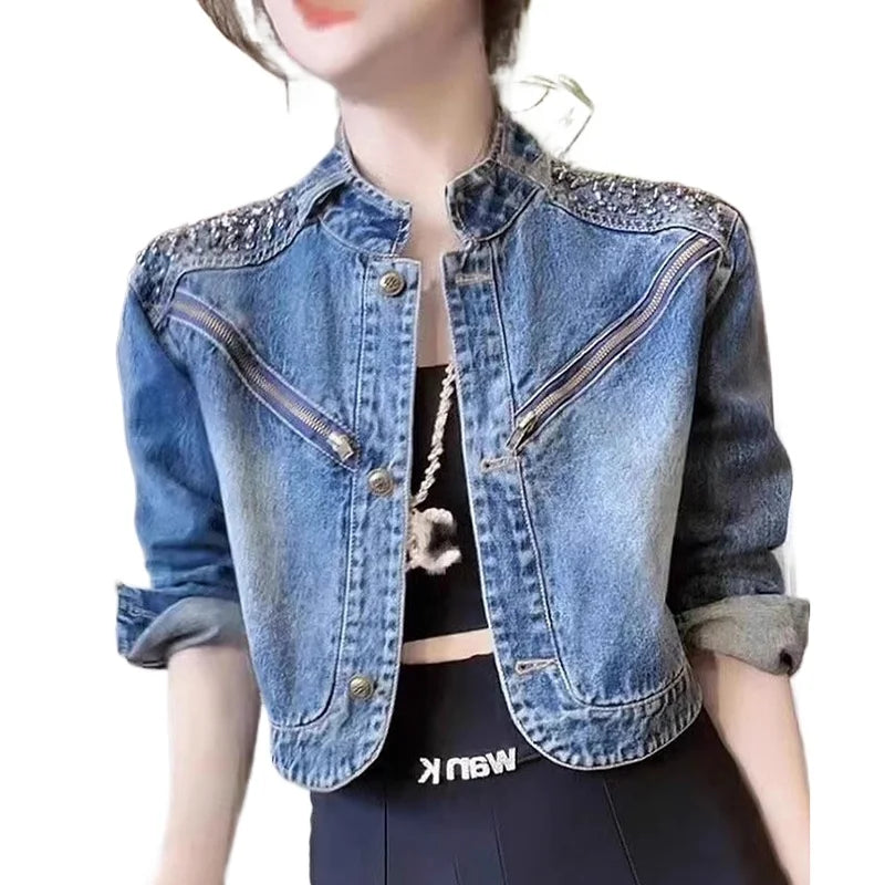 Denim Short Jacket for Women Coat 2025 New Spring and Autumn Season Diamond Studded Women's Clothing