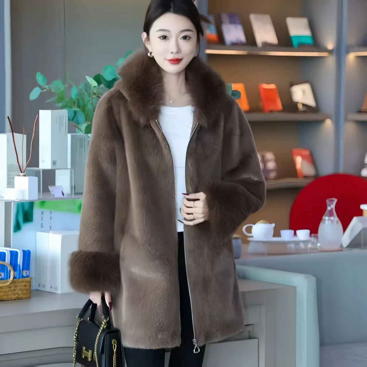 Faux Mink Fur Coat for Women,Zippers Jacket,Female Clothes,Fur Collar,Thick Warm,Autumn and Winter,2025