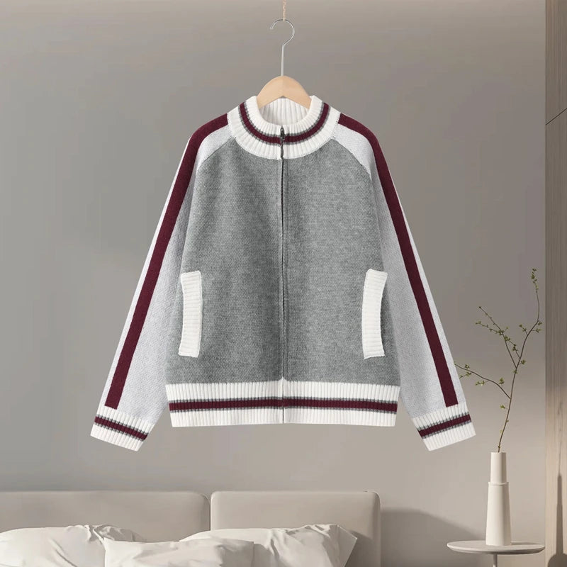 Printed Striped Knitted Baseball Cardigan for Women