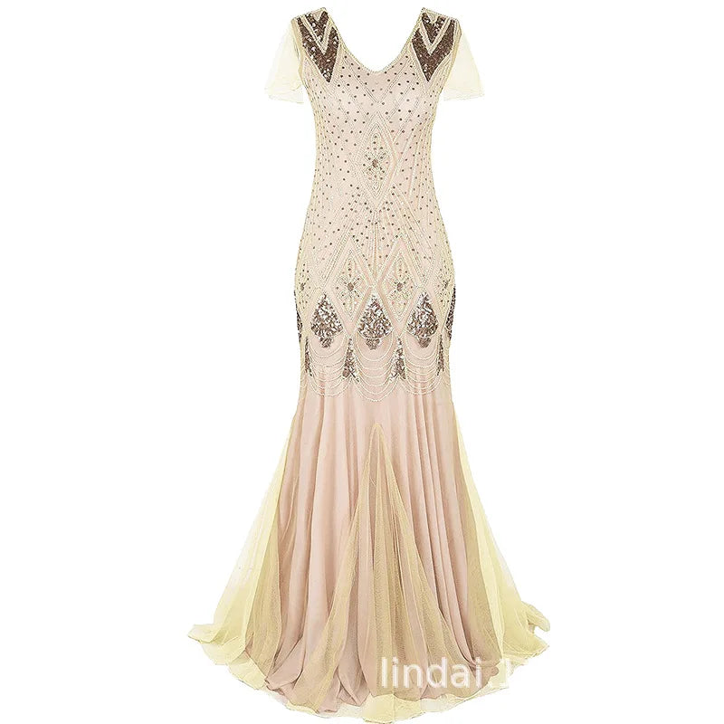 Sequined Beaded Mermaid Dress With V Neck for Women