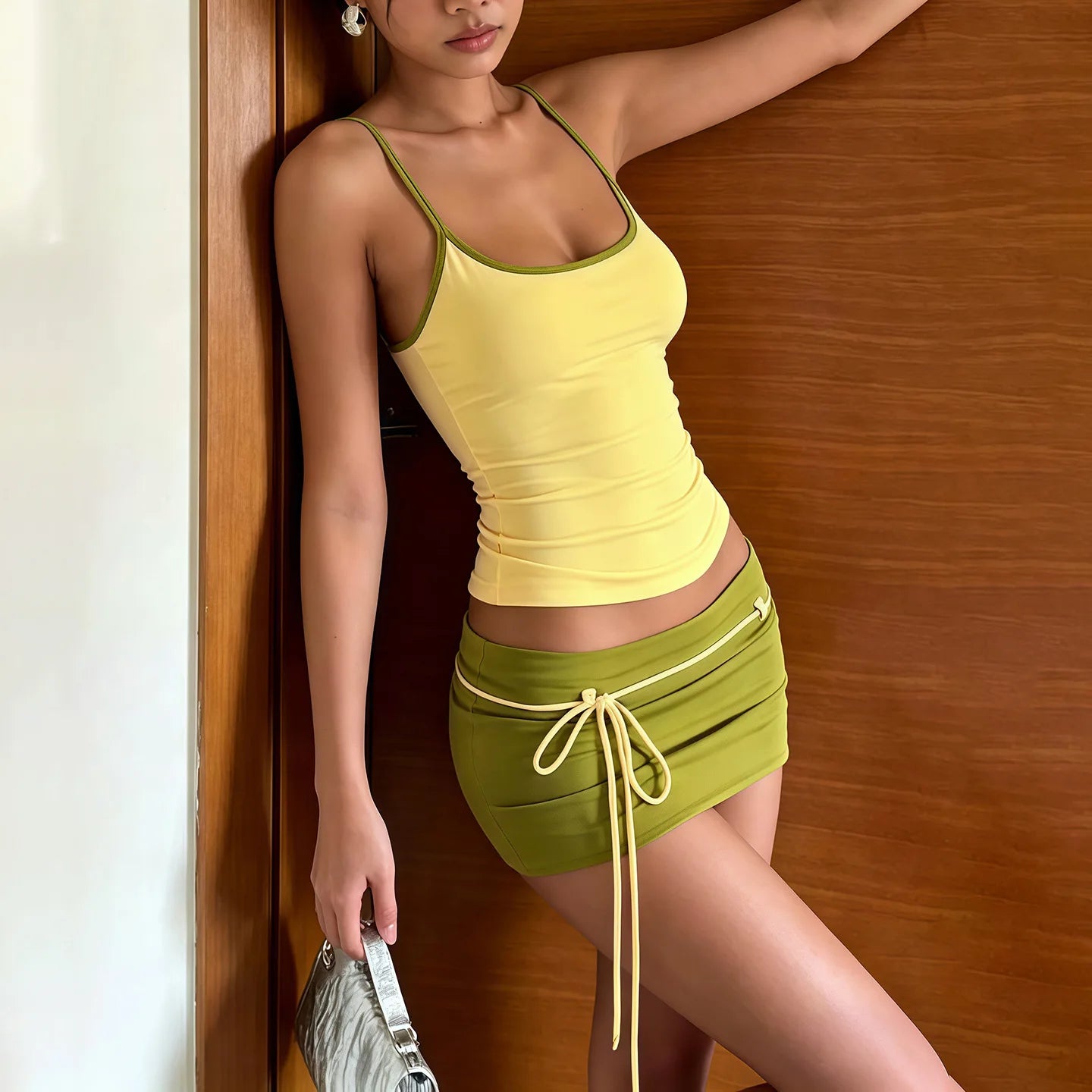 Color Blocking Two Piece Set Backless Camisole And Tassel Skirt for Women