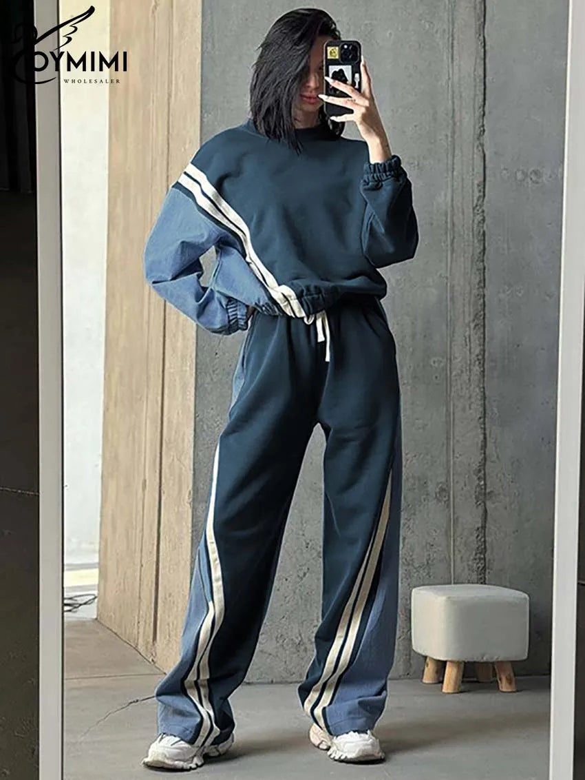 Oymimi Casual Blue Patchwork Sets For Women 2 Pieces O-Neck Long Sleeve Blouse And Drawstring Straight Sweatpants Set Streetwear