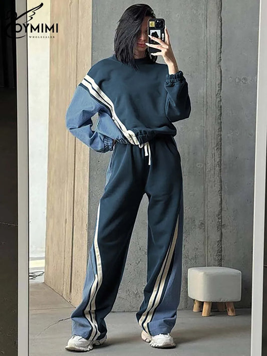 Oymimi Casual Blue Patchwork Sets For Women 2 Pieces O-Neck Long Sleeve Blouse And Drawstring Straight Sweatpants Set Streetwear