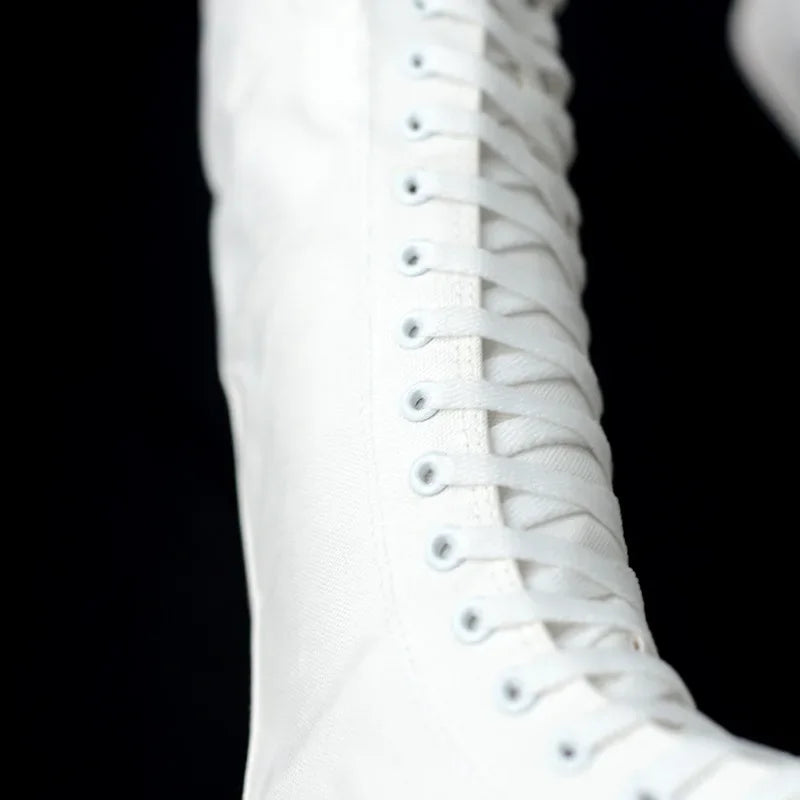 Casual Lace-Up Canvas Mid-Calf Flat Boots for Women