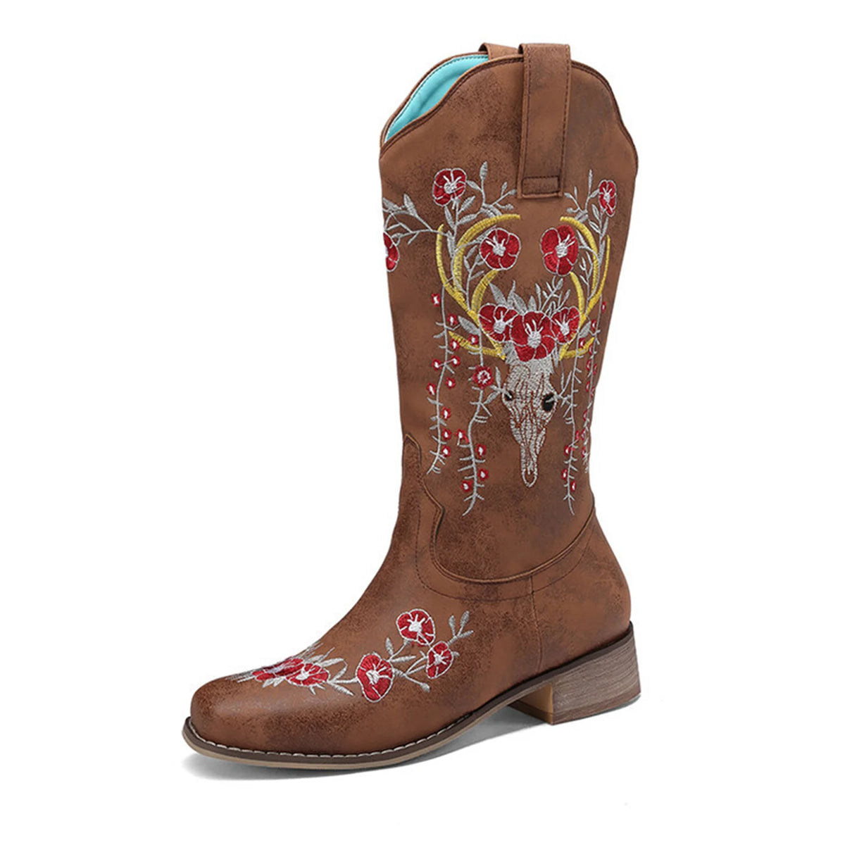 Floral Embroidered Mid-Calf Western Boots for Women