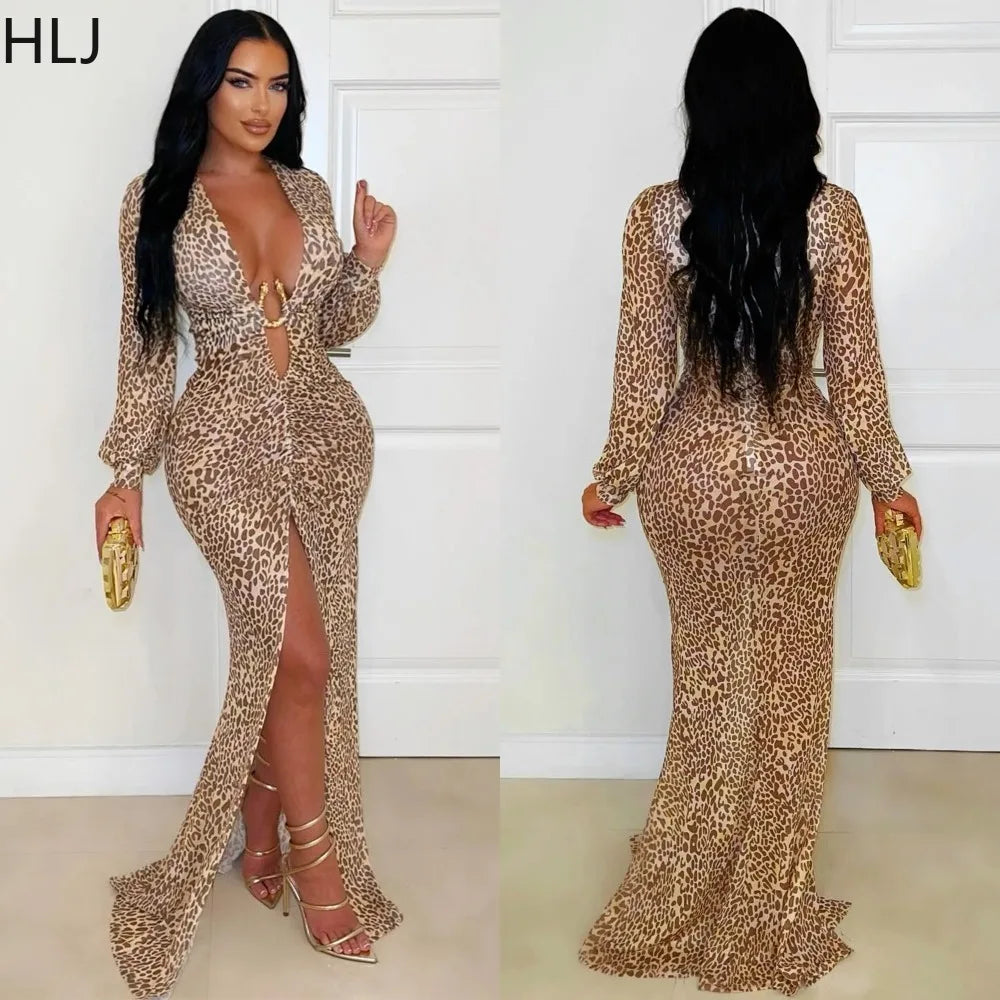 Leopard Print Deep V Neck High Slit Maxi Dress for Women