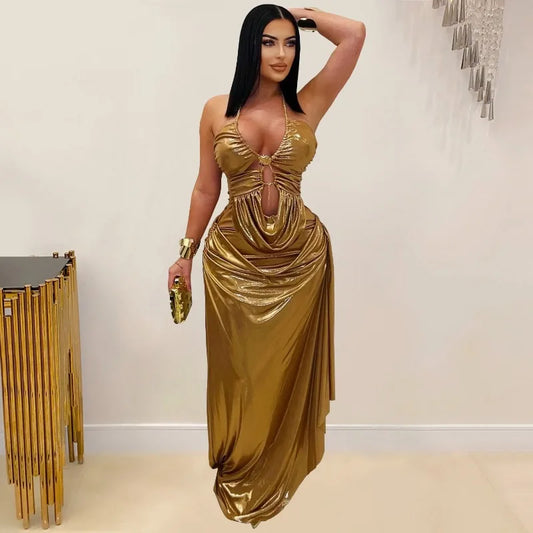 Gold Metallic Halter V Neck Evening Dress