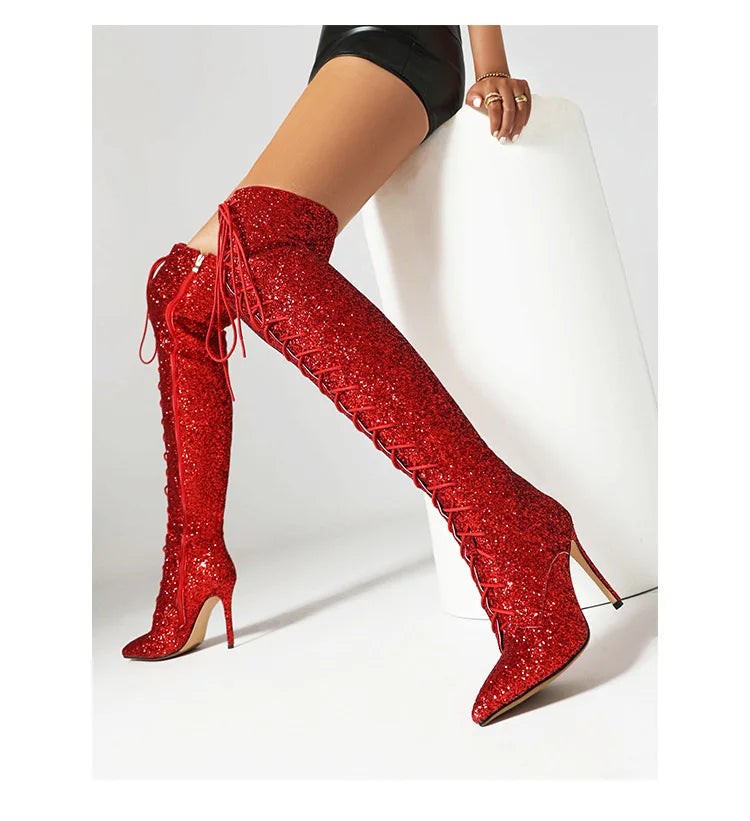Shiny Sequined Over The Knee High Heel Boots for Women
