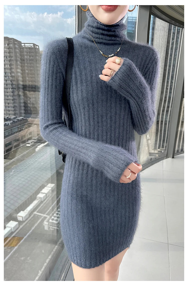 High Neck Slim Fit Stretch Knit Mini Dress for Women