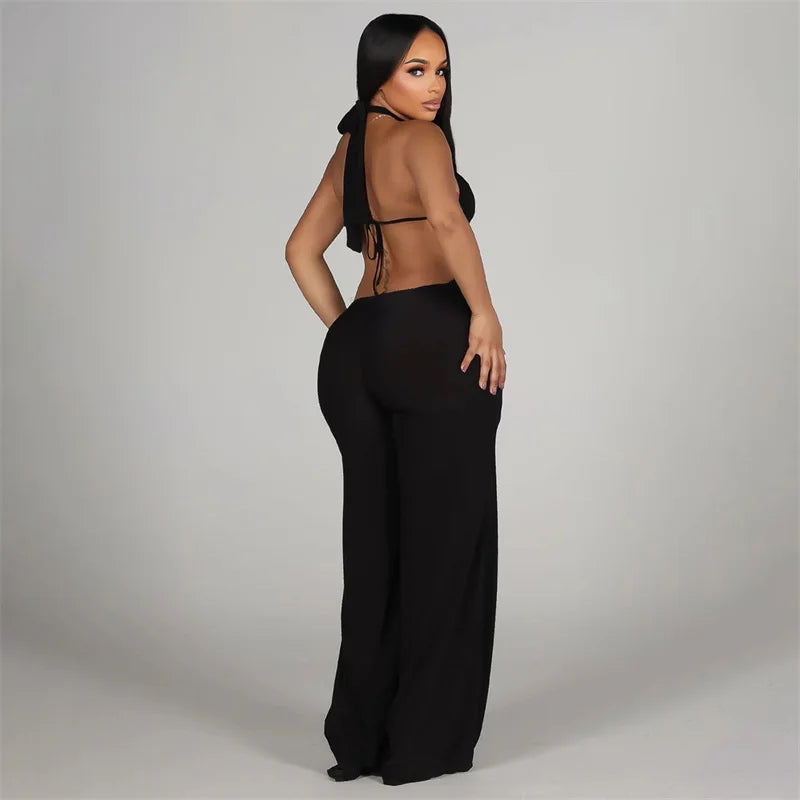 Metal Ring Bandage Hollow Out Halter Backless One Piece Jumpsuit for Women