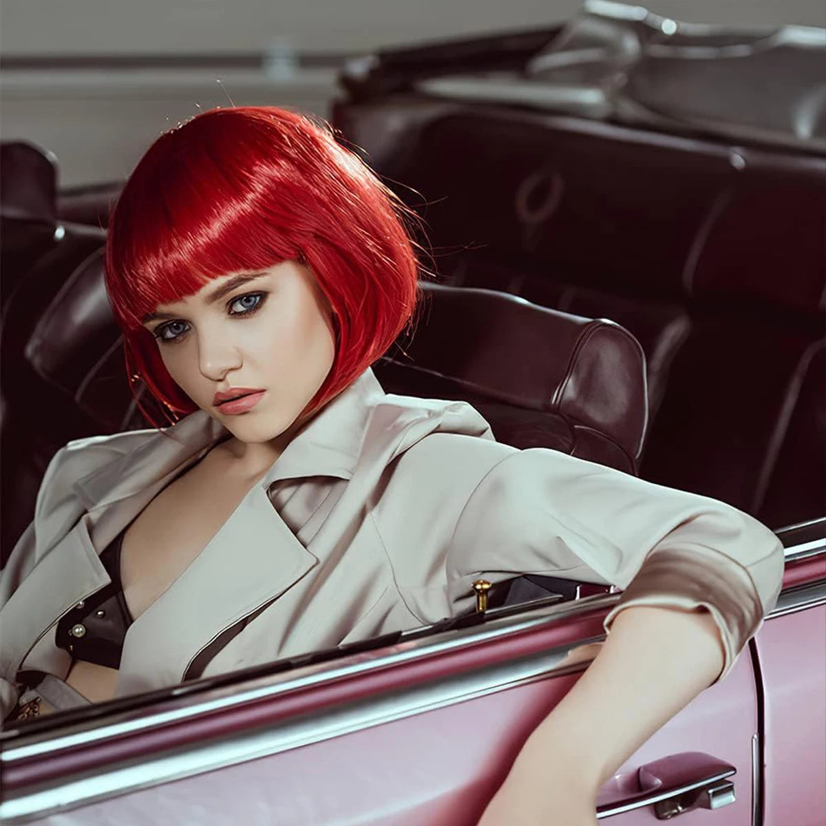Red Short Straight Synthetic Flat Bangs Bob Wig For Women