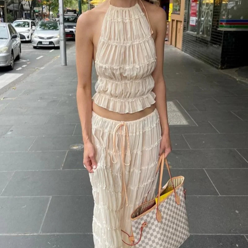 Chic Ruffle Long Skirt 2-piece Set Women Fashion Slim Fit Backless Sleeveless Elastic Halter Vest Suits 2025 Summer Y2k Outfits