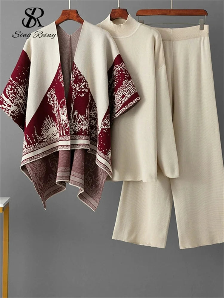 Loose Jacquard Knit Sweater and Wide Leg Pants Set for Women