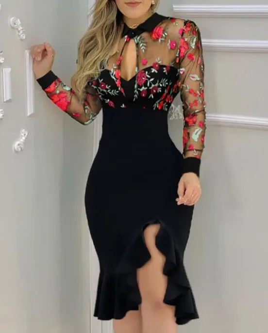 Women Sexy See-Through Mesh Dress Patchwork Ruffles Floral Dress Long Sleeve Party Slim Dress Elegent Daily Wear