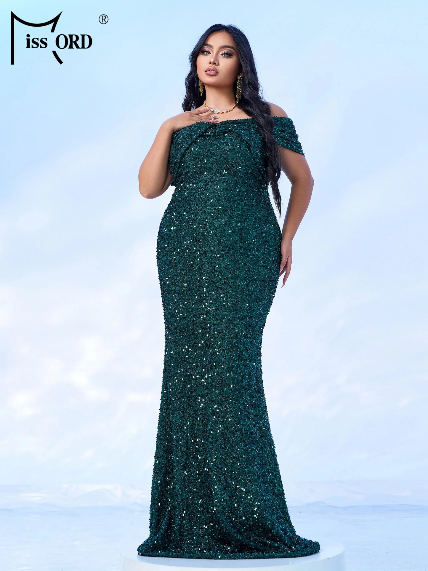 Missord Grey Sequin Plus Size Evening Dress Elegant Women Off Shoulder Bodycon Maxi Mermaid Party Prom Dresses Long Formal Gown