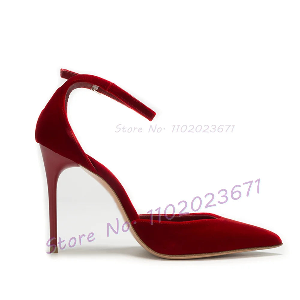 Blue Velvet Pointed Toe Stiletto Sandals with Buckle Ankle Strap for Women