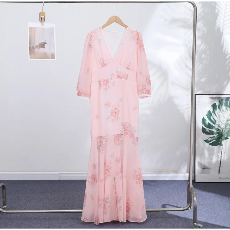 Elegant Print Pleated Puff Sleeve V Neck Long Dress for Women