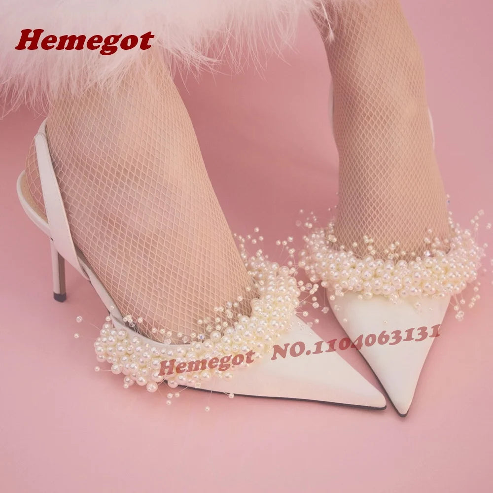 White Pearl Embellished Satin Slingback Pumps for Women