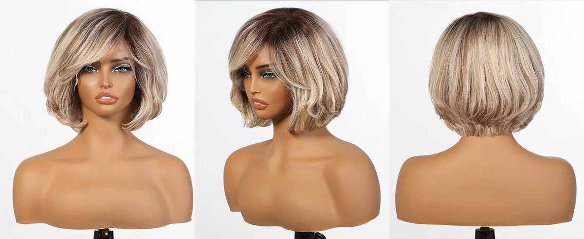 Short Wavy Lace Front Bob Wig With Blonde Highlights For Women