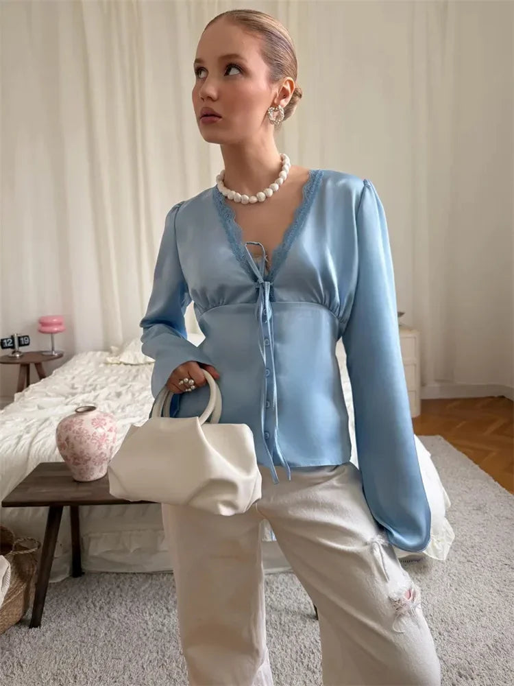 Lace-Up Satin Patchwork V-Neck Vest Top for Women**