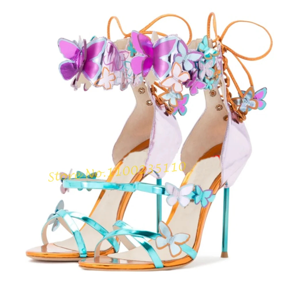 Crystal Butterfly Peep Toe Lace Up Thin Heel Sandals for Women