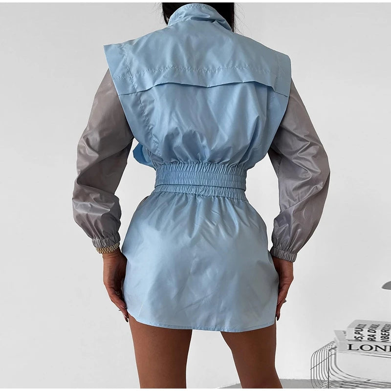 Casual Color Block Long Sleeve Jacket And Mini Skirt Set For Women