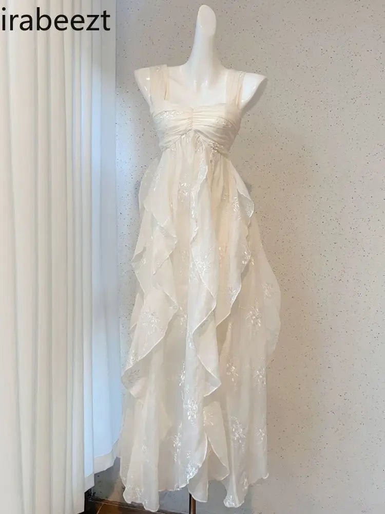 White Lace Vintage Floral Ruffle Sundress For Women