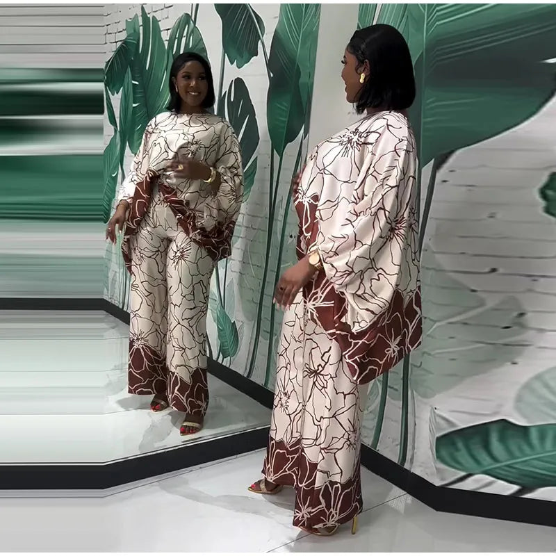 Floral Print Satin Lantern Sleeve Two Piece Set for Women