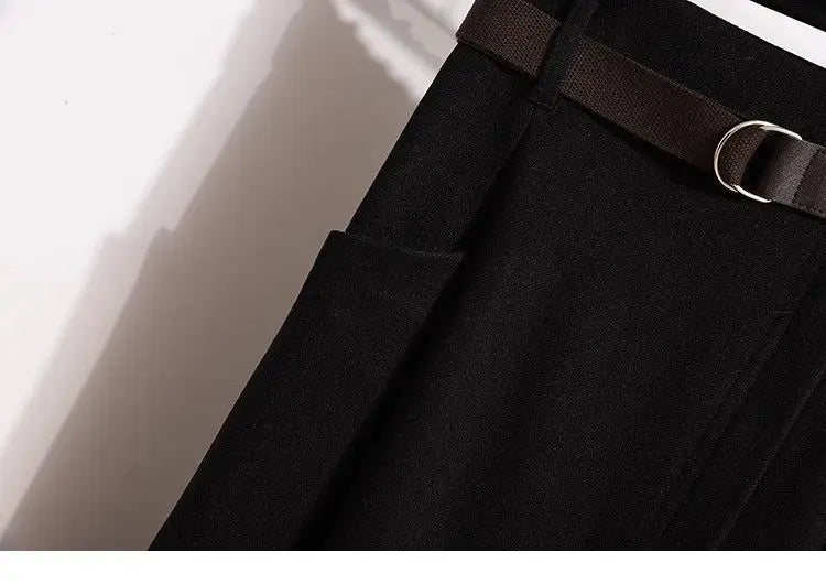 High Waisted Black Wool Midi Skirt With Pockets for Women